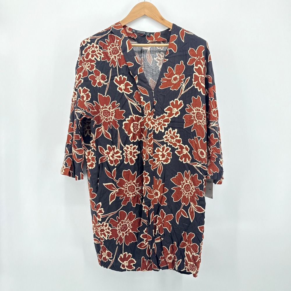 NWT Zara Basic Collection Womens Black Rust Floral 3/4 Sleeve V Neck Dress Small